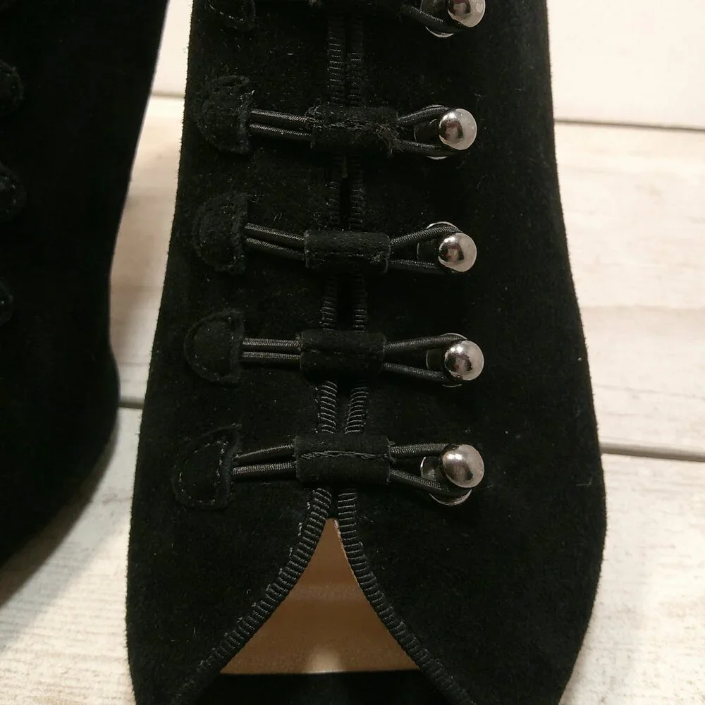 Womans Adrienne Vittadini Pumps Black Leather Suede Peep Toe Bootie Size 7.5M